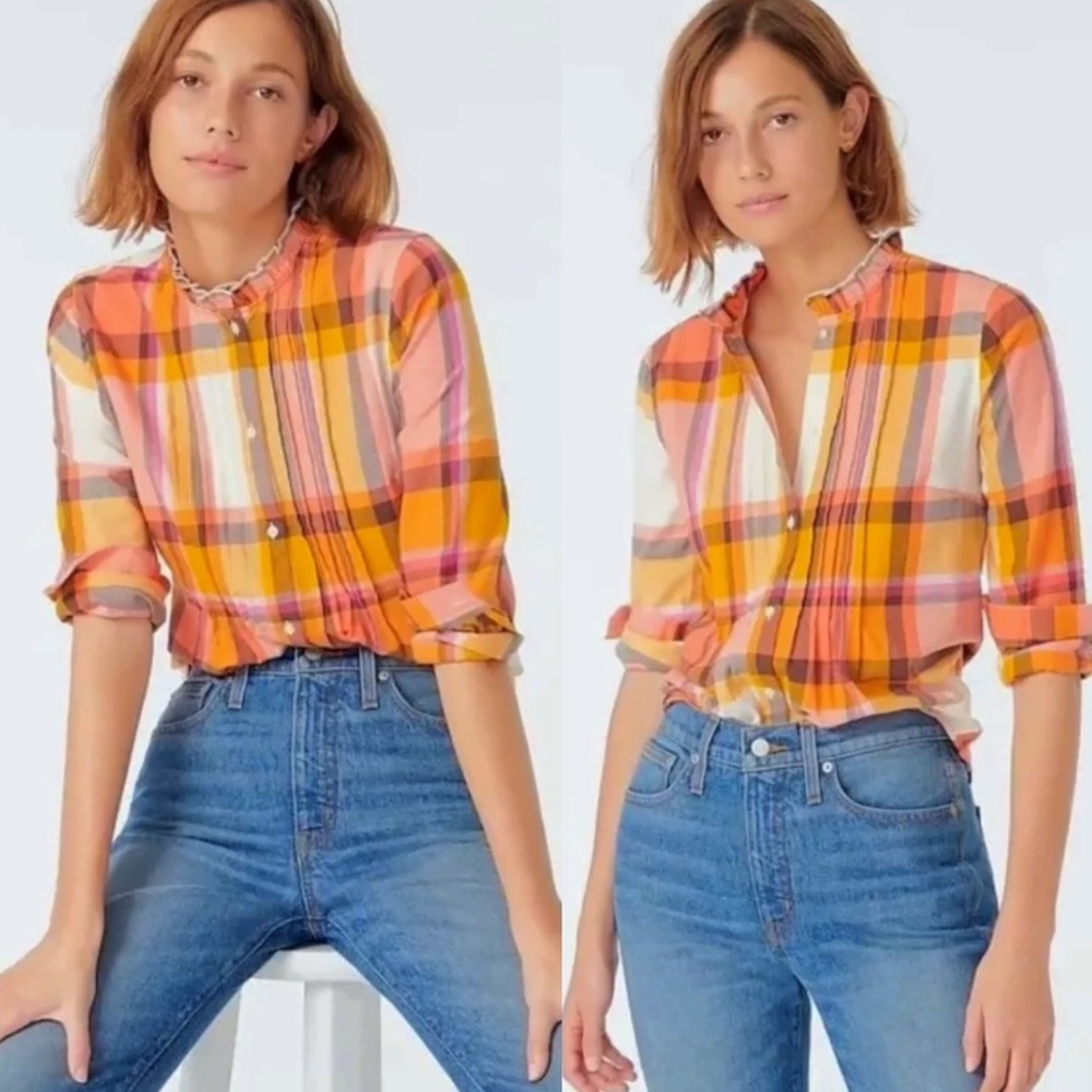 🍊 J.CREW ORANGE YELLOW RUFFLE COLLAR PLAID BUTTON DOWN SHIRT!